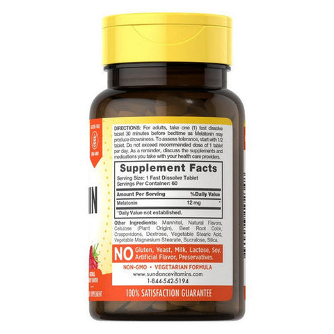 Sundance, Melatonin Fast Dissolve Max, 12 Mg, 60 Tabs Sundance