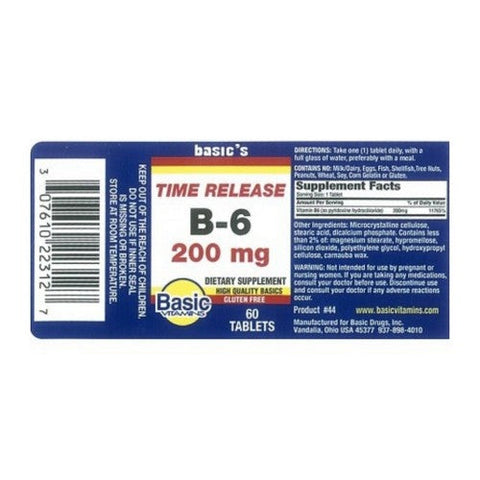Basic Vitamins, Time Release B-6, 200 Mg, 60 Tabs Basic Vitamins
