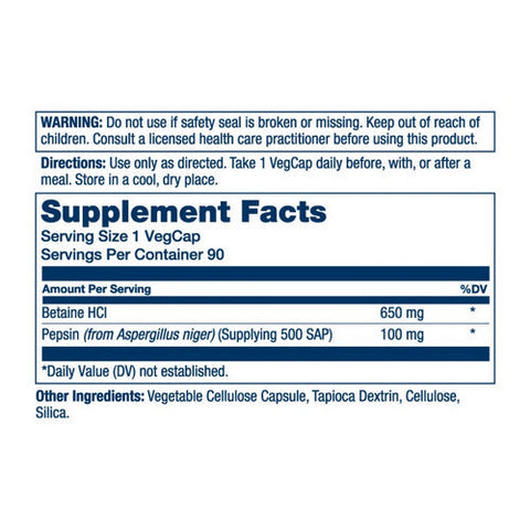 Solaray, Vegan Betaine HCL And Pepsin, 650 Mg, 90 Veg Caps Solaray